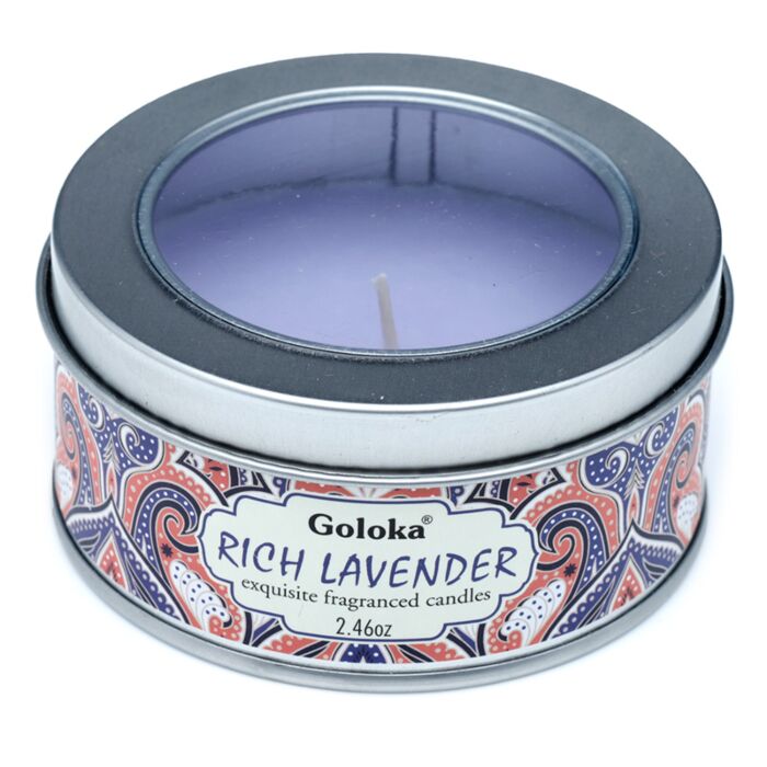 Svíčka v plechové krabičce Goloka Nag Champa Levandule