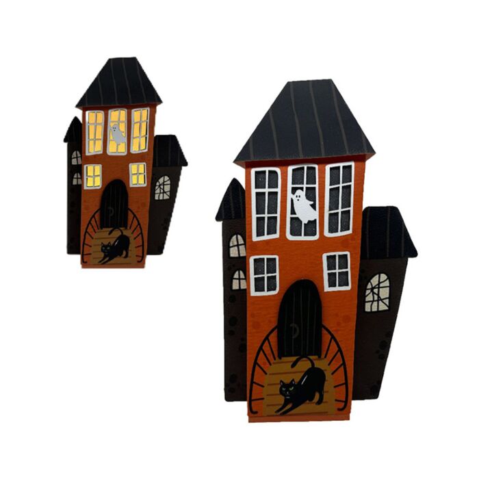 Dekorace - Halloween - Strašidelný domeček - Černá kočka - LED 