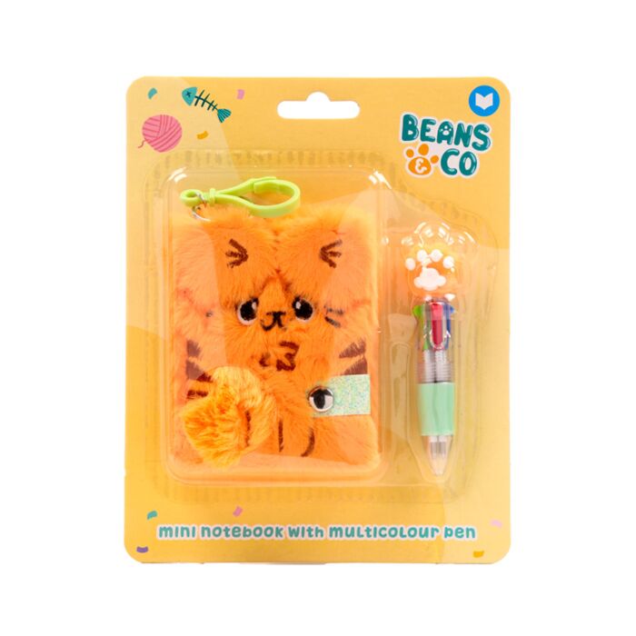 Plyšový zápisník mini A7 a vícebarevná propiska - Kočka Beans & Co 