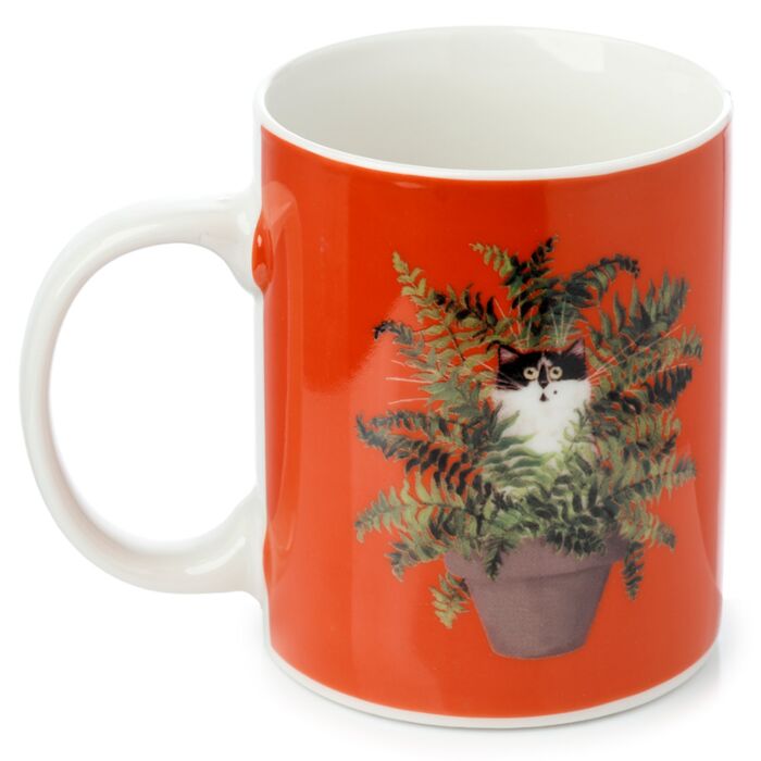 Porcelánový hrnek  - červený -  Kočka v květináči - design Kim Haskins