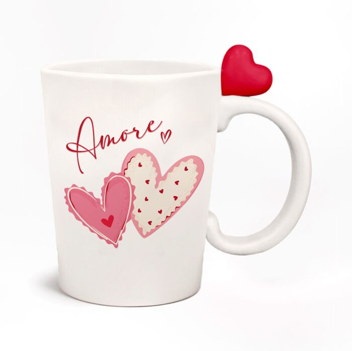 Keramický hrnek s tvarovaným  uchem-Amore-Láska-Srdce
