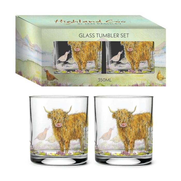 Sklenice - sada 2 ks- 350 ml - Jan Pashley - Skotská kráva Highland Coo 