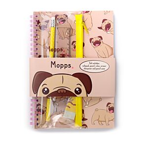 Sada zápisník  a penál se 6 psacími potřebami - Mopsík