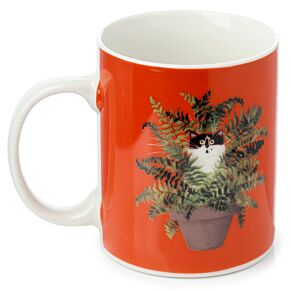 Porcelánový hrnek  - červený -  Kočka v květináči - design Kim Haskins
