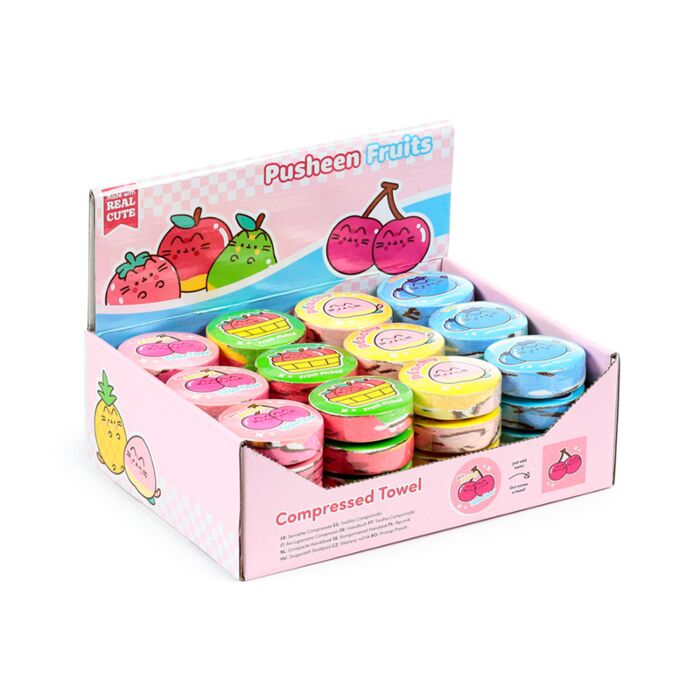 Stlačený cestovní ručník - Kočka Pusheen - ovoce