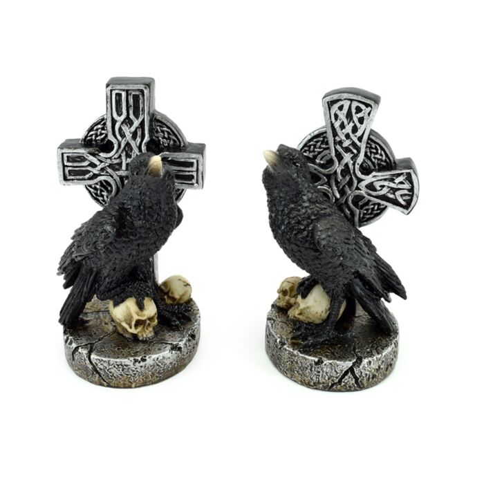 Dekorace - soška - Havran s keltským křížem a lebkami