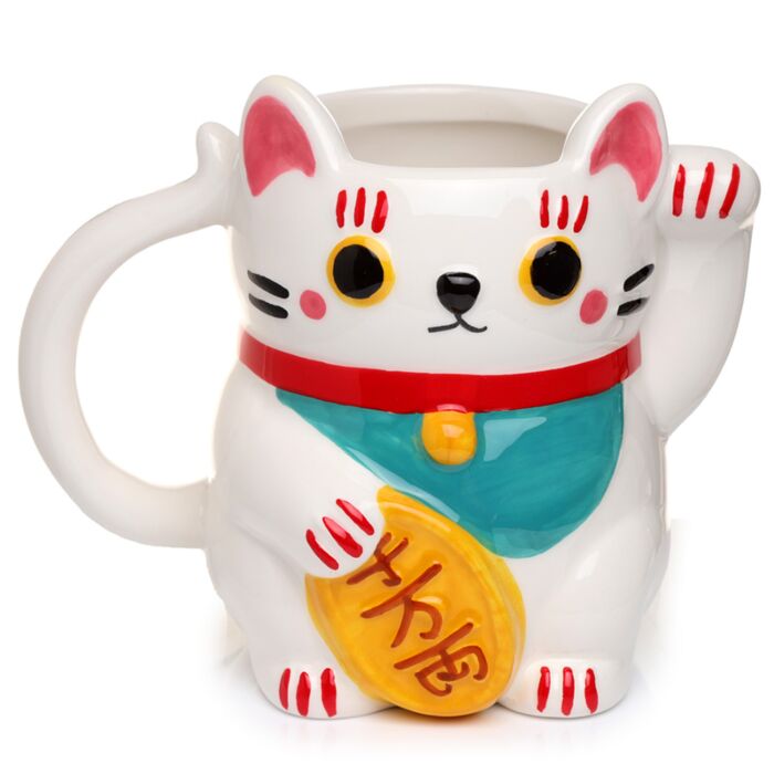 Keramický hrnek  -Maneki Neko kočka pro štěstí - bílý